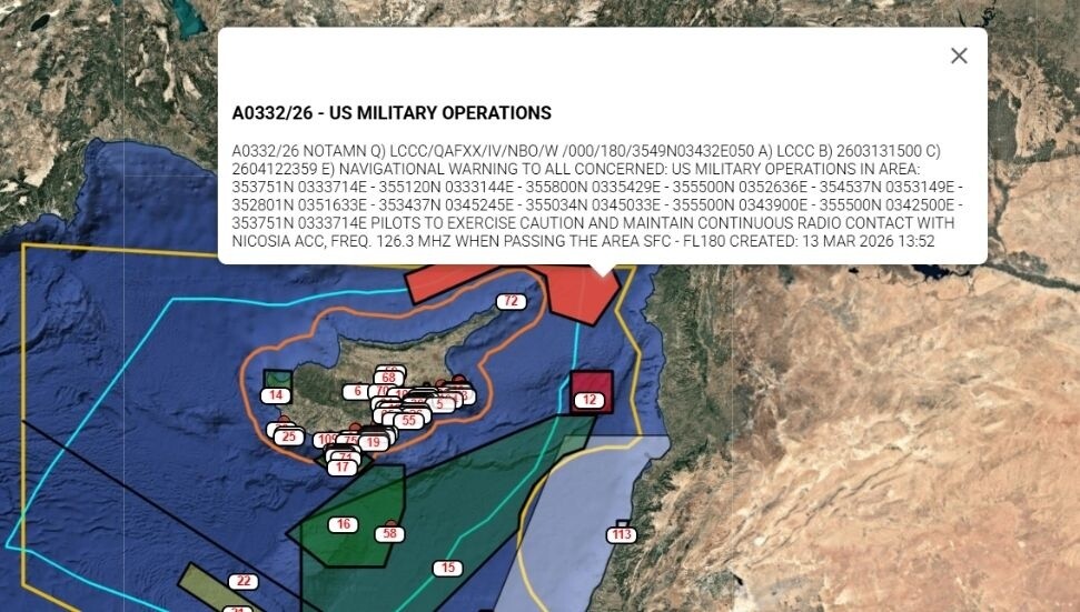 US Issues NOTAM for Military Activities Around Cyprus